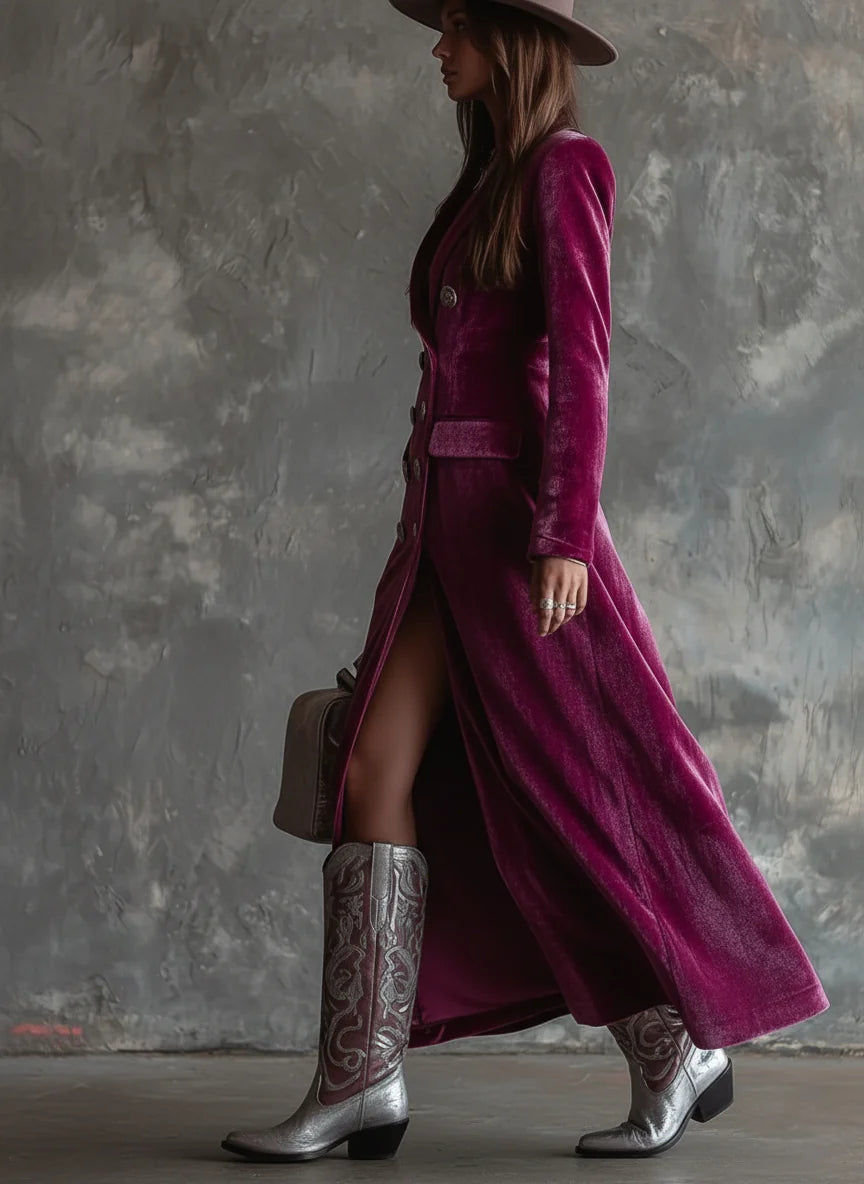 Damska Sukienka Maxi z Kołnierzem z Klapami i Kieszeniami z Patkami