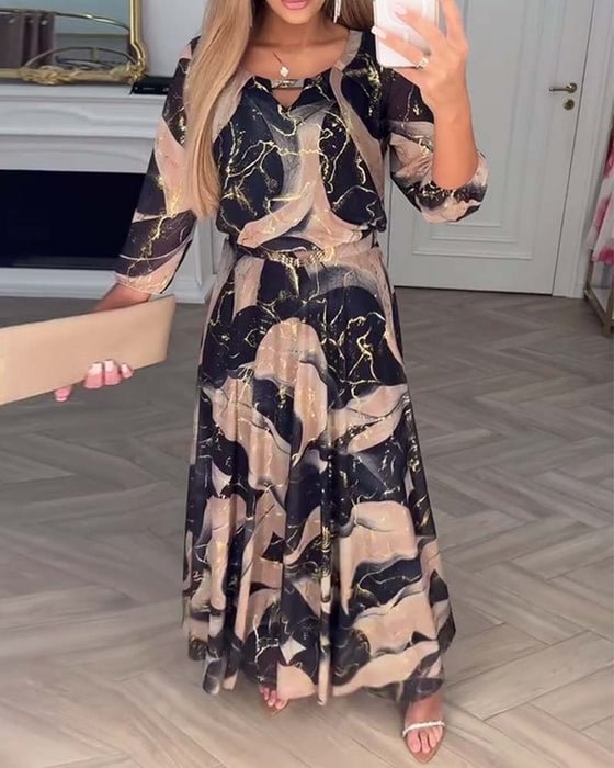 Damska Sukienka Maxi z Okrągłym Dekoltem z Wycięciem i Rękawami 3/4