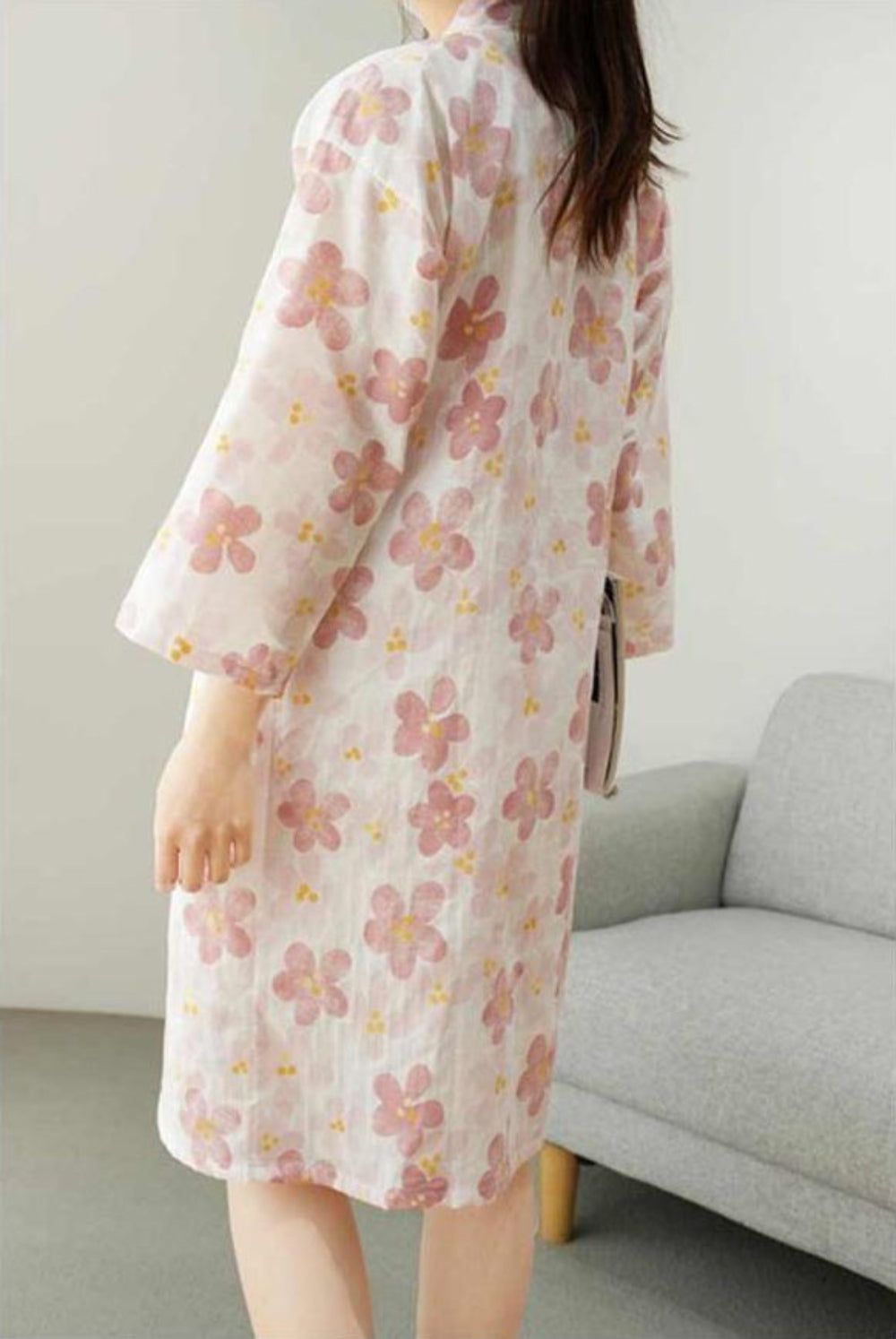 Damska Sukienka Wieczorowa Kimono z Kieszenią i Kwiatowym Nadrukiem