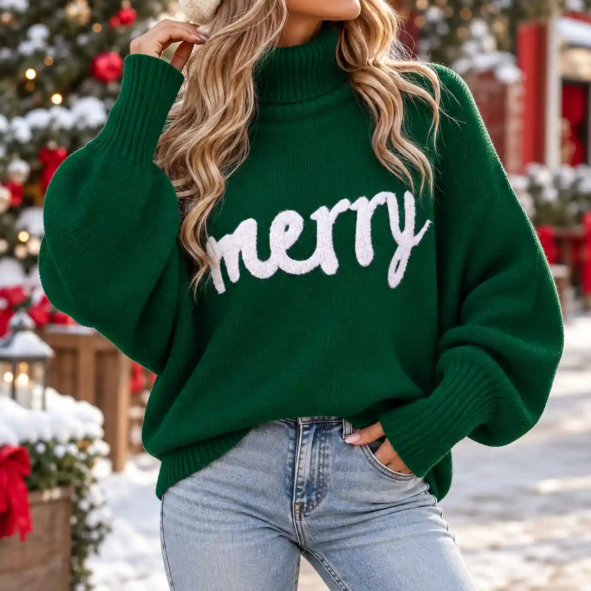 Damski Oversize Świąteczny Sweter Golf Z Rękawami Typu Nietoperz I Grafiką Z Przodu