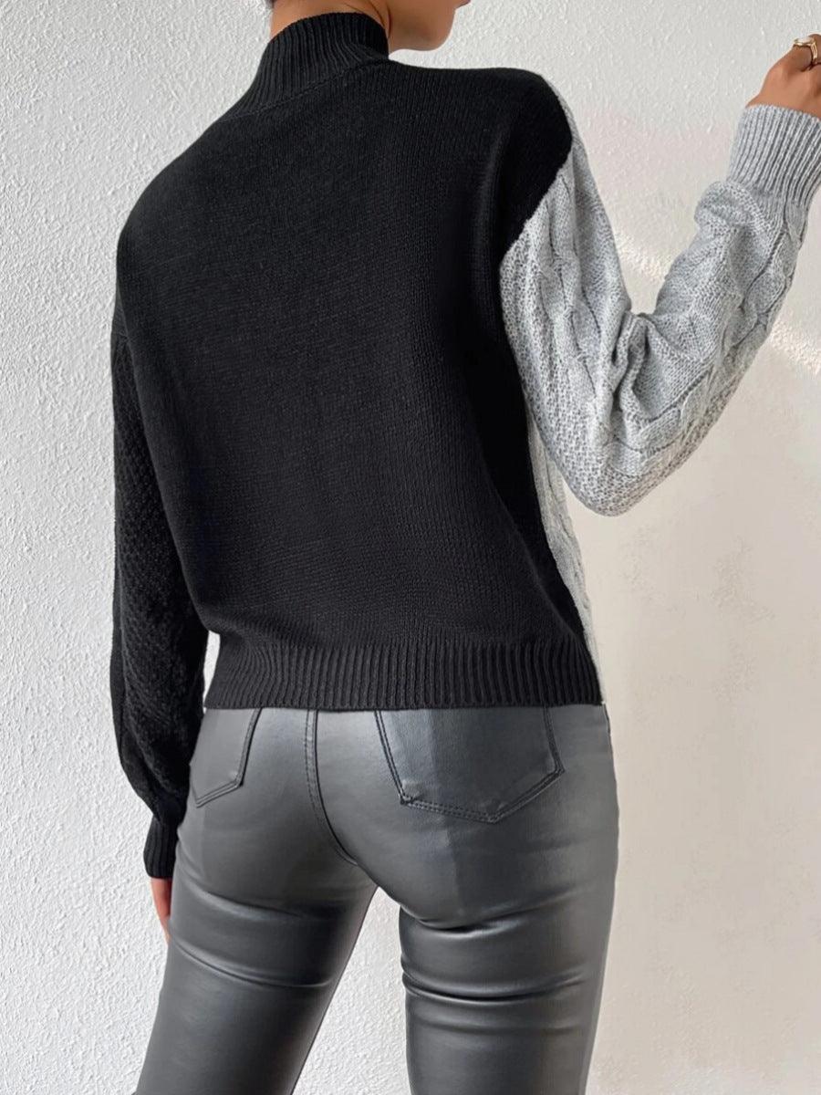 Damski Sweter Z Warkoczowym Splotem Ze Stójką I Asymetrycznym Panelem