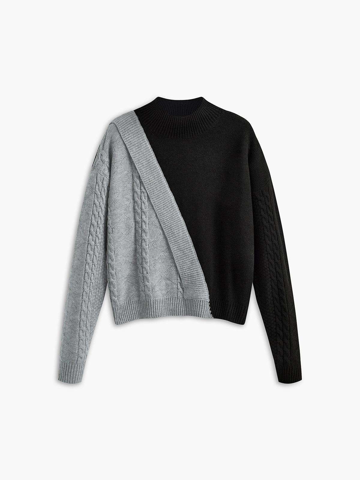 Damski Sweter Z Warkoczowym Splotem Ze Stójką I Asymetrycznym Panelem