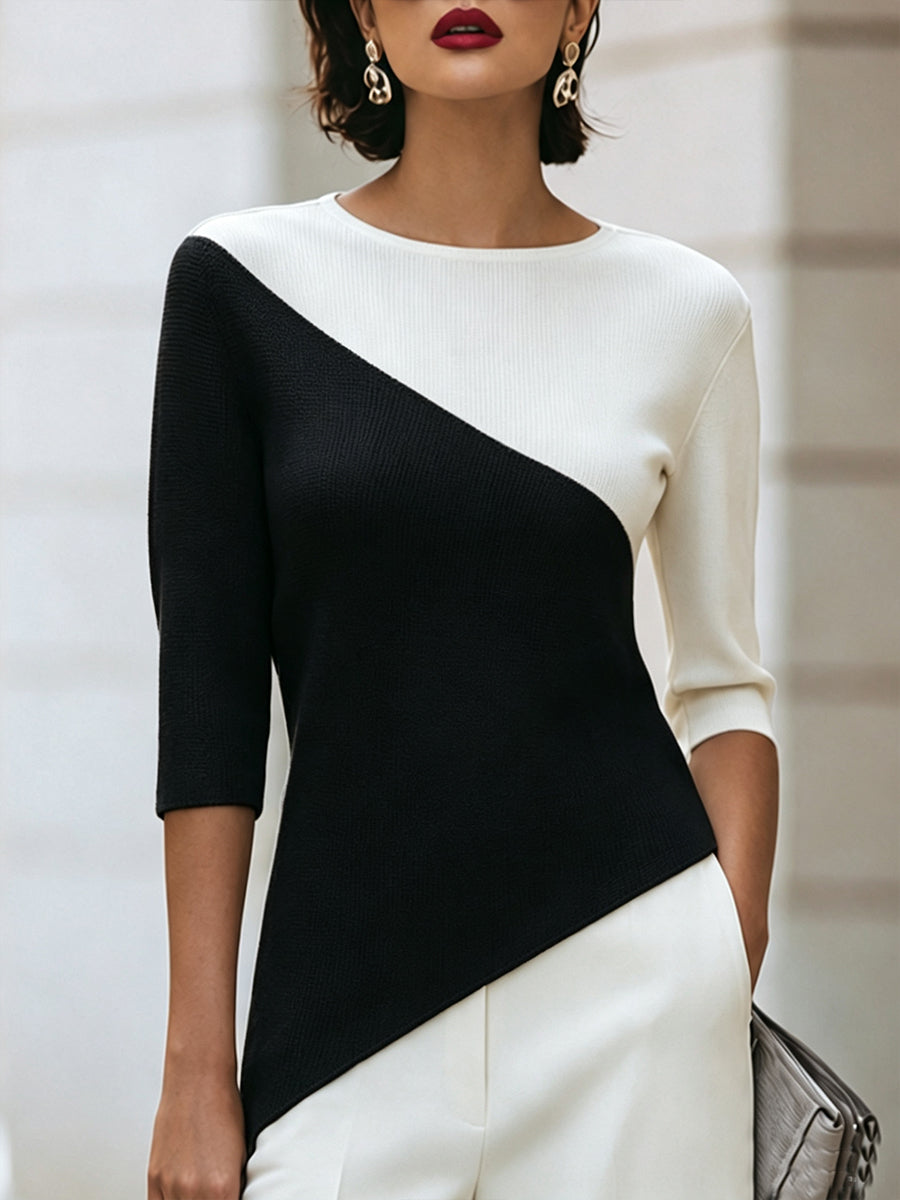 Widok z przodu – okrągły dekolt, rękawy 3/4 i panele color block, kolor czarny