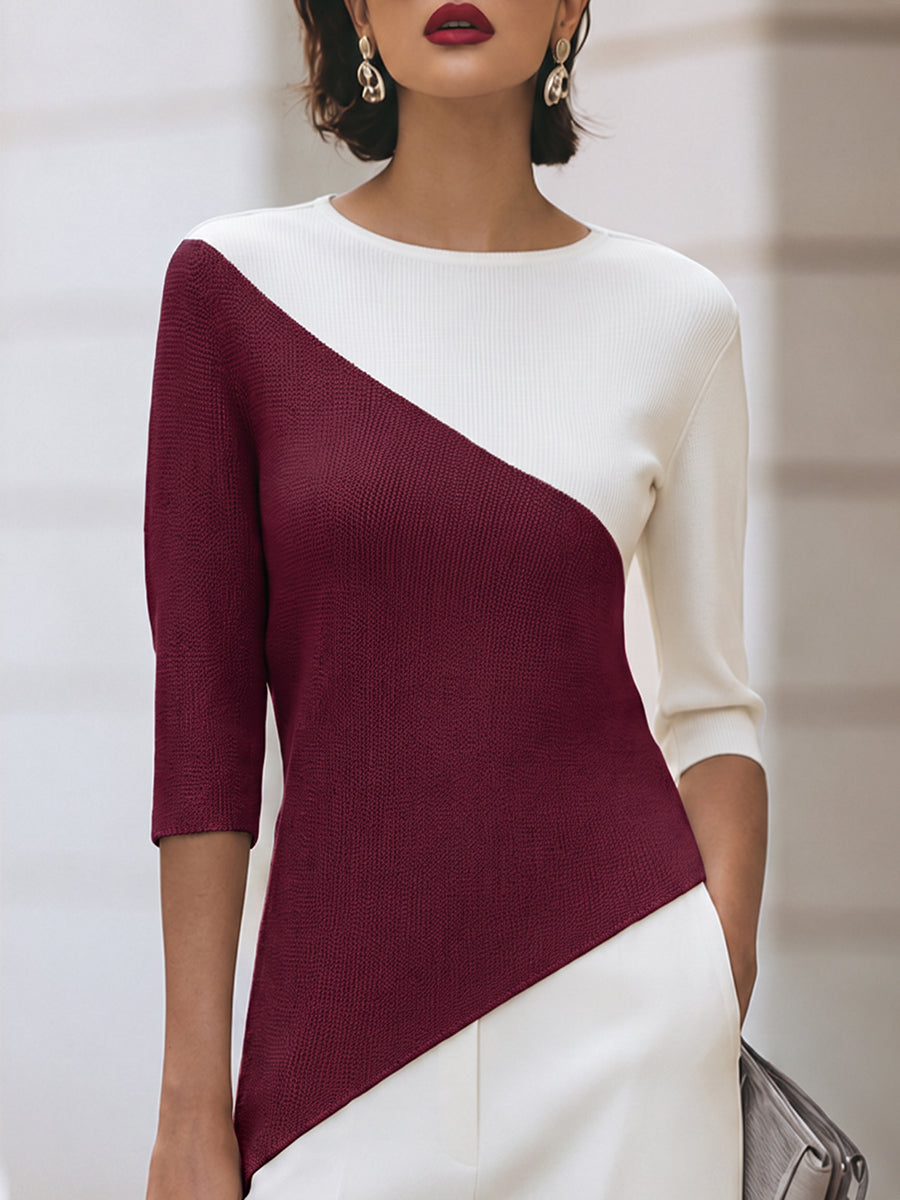 Widok z przodu – okrągły dekolt, rękawy 3/4 i panele color block, kolor bordowy
