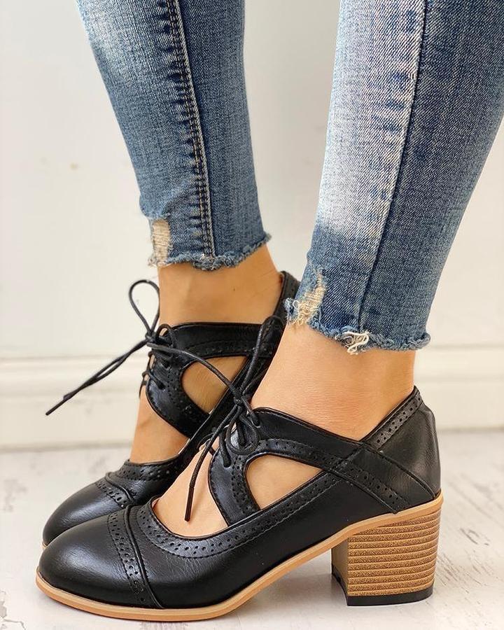 Damskie Buty Mary Jane Sznurowane Z Wycięciami I Obcasem Klockowym