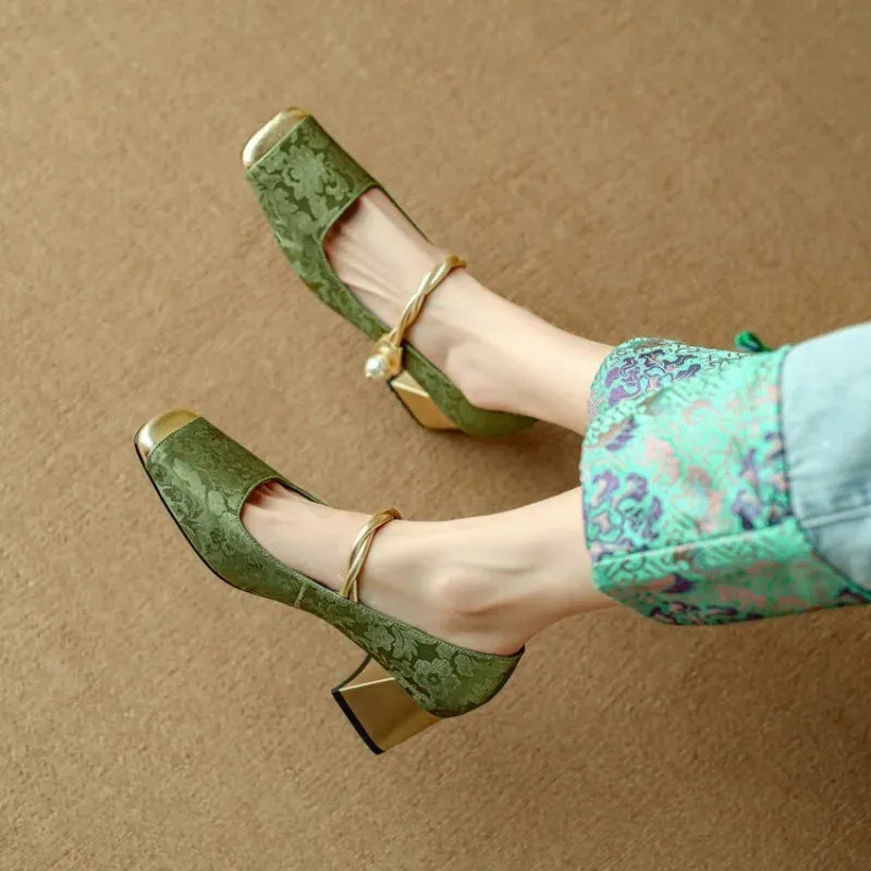 Damskie Buty Mary Jane Ze Skręconym Paskiem I Perłowym Akcentem