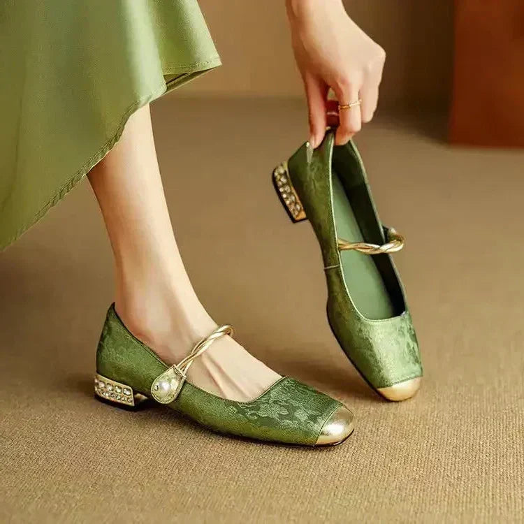 Damskie Buty Mary Jane Ze Skręconym Paskiem I Perłowym Akcentem