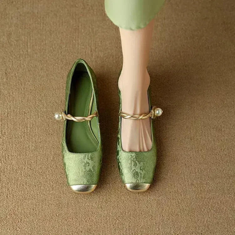 Damskie Buty Mary Jane Ze Skręconym Paskiem I Perłowym Akcentem