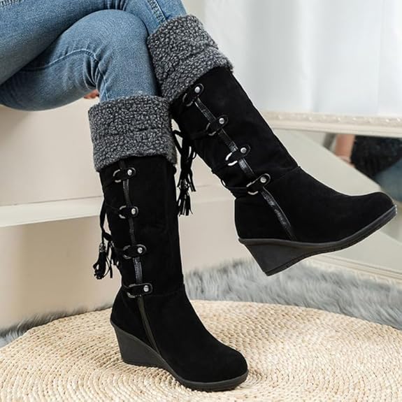 Damskie Kozaki Do Kolan Na Koturnie Z Wiązaniem I Mankietem