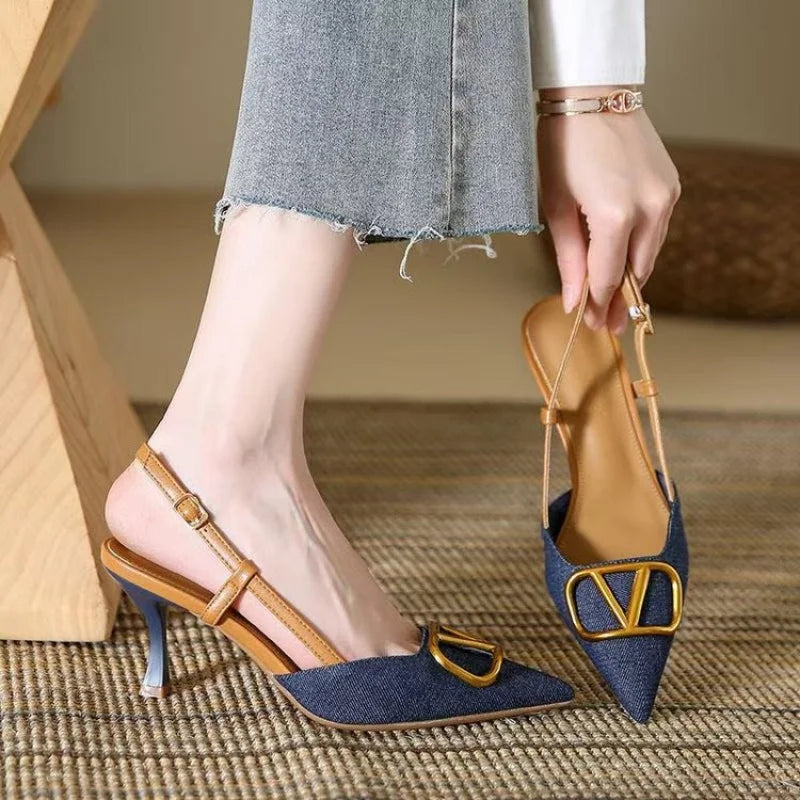 Damskie Szpilki Czółenka Slingback Ze Szpiczastym Noskiem I Paskiem Na Pięcie