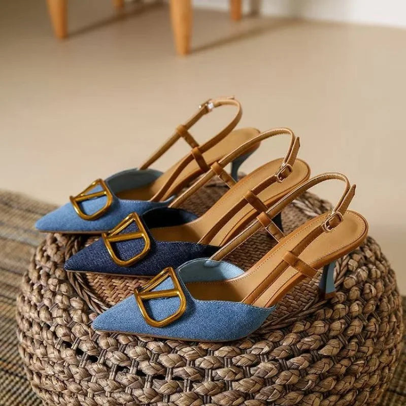 Damskie Szpilki Czółenka Slingback Ze Szpiczastym Noskiem I Paskiem Na Pięcie