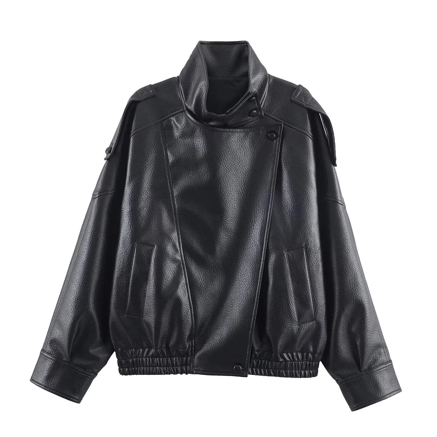 Kurtka Skórzana Damska ze Skóry PU z Kołnierzem Stójką i Długimi Rękawami