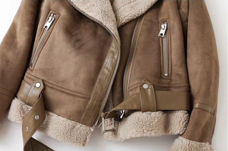 Kurtka Skórzana Damska Ze Skóry PU Z Kołnierzem Z Podszyciem I Paskami Z Klamrami