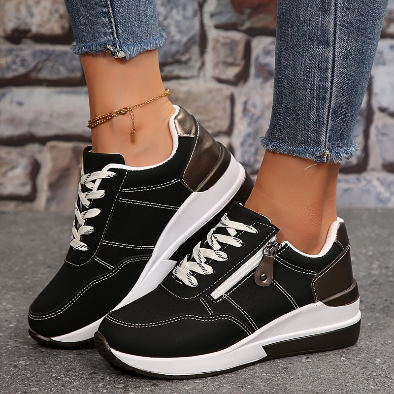 Sneakersy Damskie Niskie Sznurowane Z Bocznyym Zamkiem I Perforowaną Cholewką