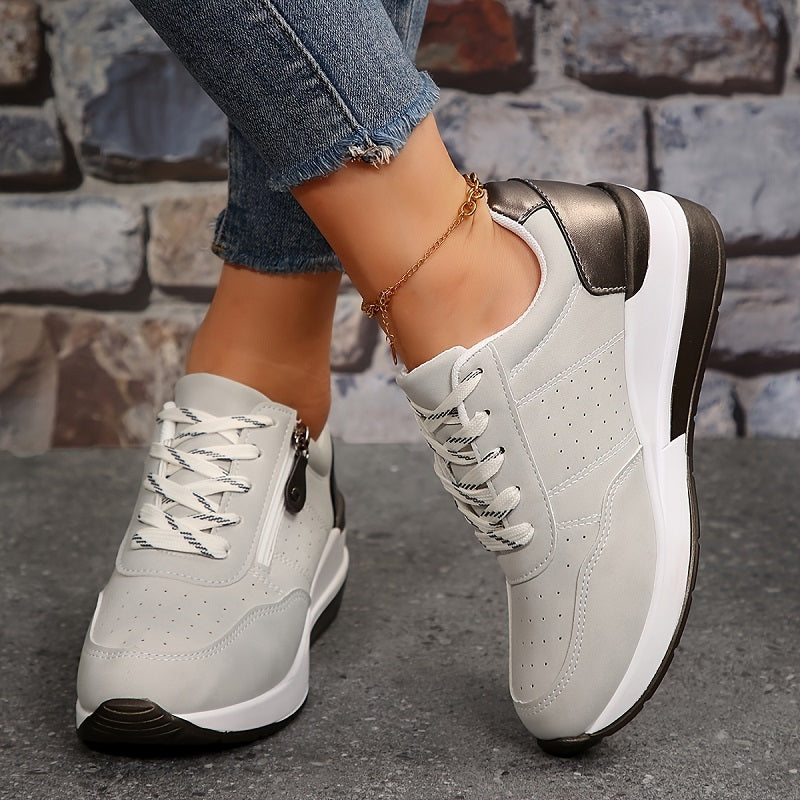 Sneakersy Damskie Niskie Sznurowane Z Bocznyym Zamkiem I Perforowaną Cholewką
