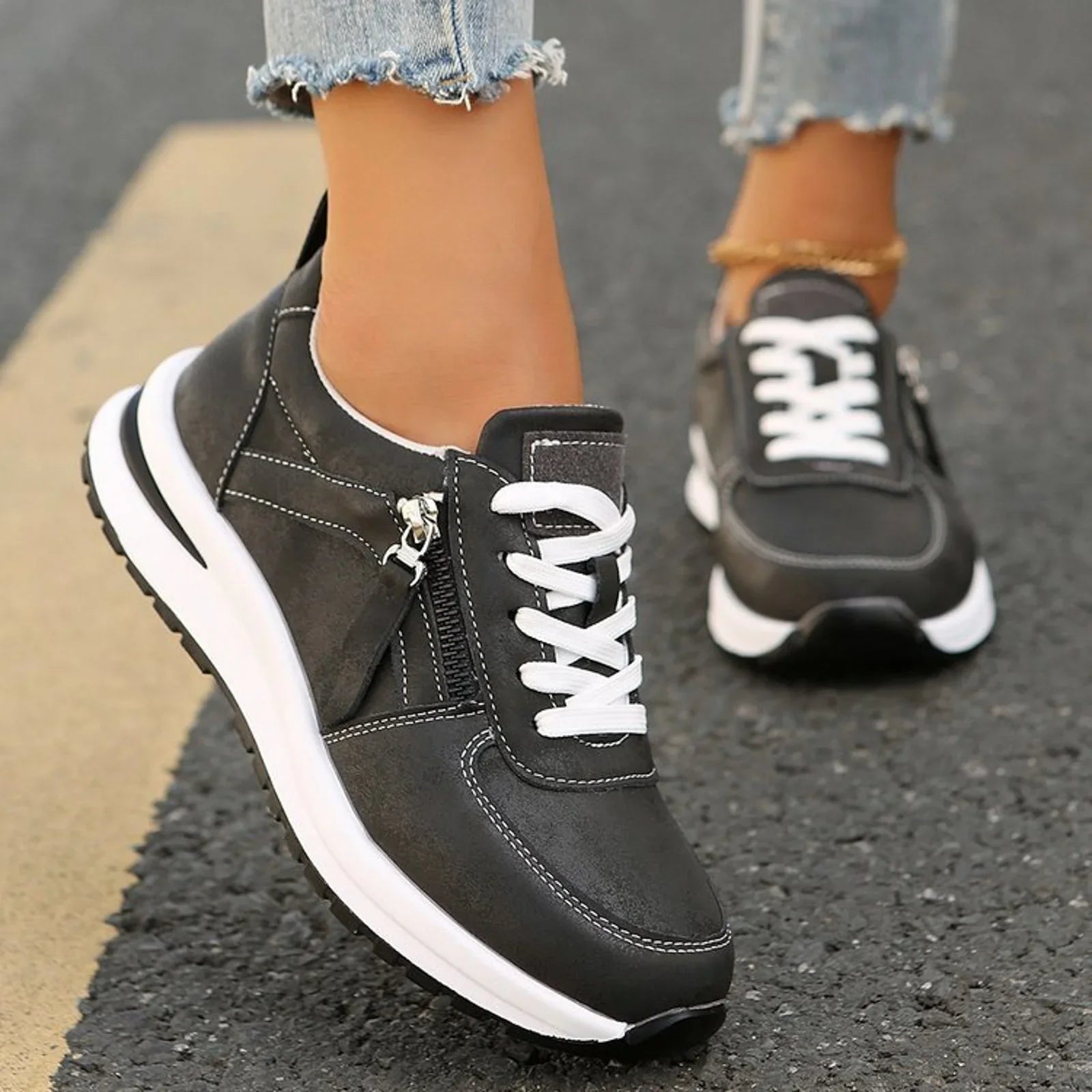 Sneakersy Damskie Sznurowane Z Bocznym Zamkiem I Grubą Podeszwą