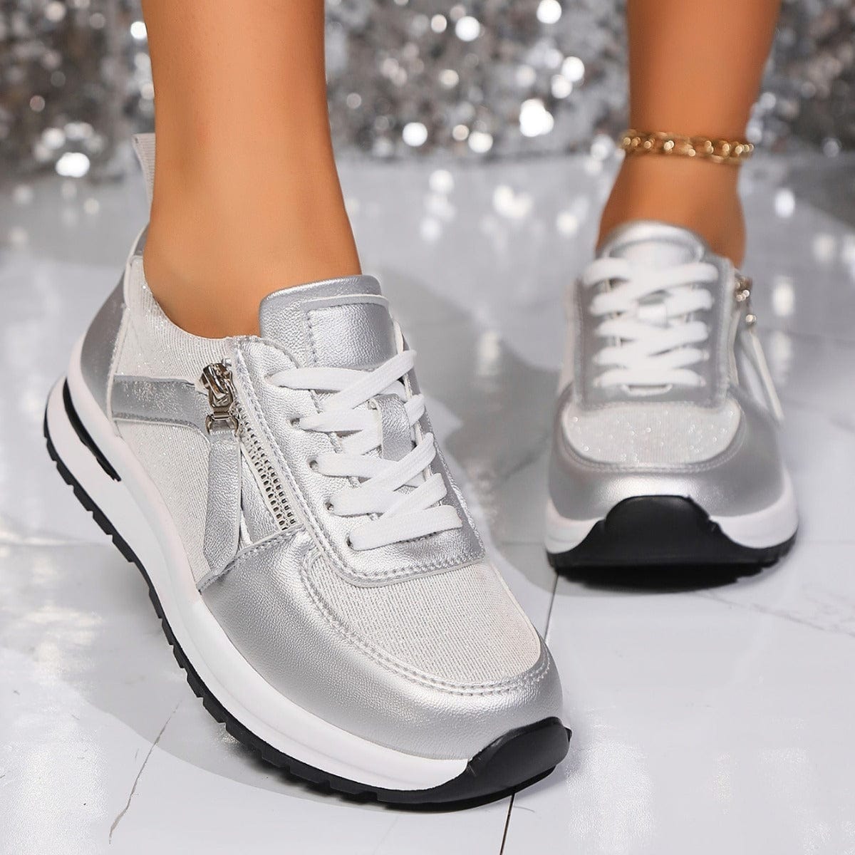 Sneakersy Damskie Sznurowane Z Bocznym Zamkiem I Grubą Podeszwą