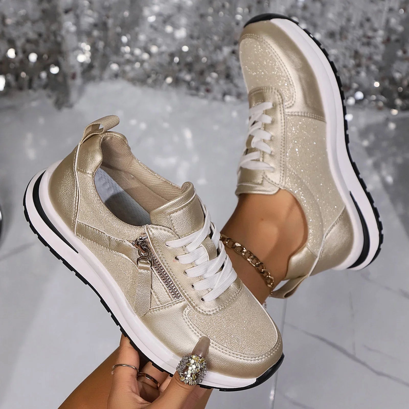 Sneakersy Damskie Sznurowane Z Bocznym Zamkiem I Grubą Podeszwą