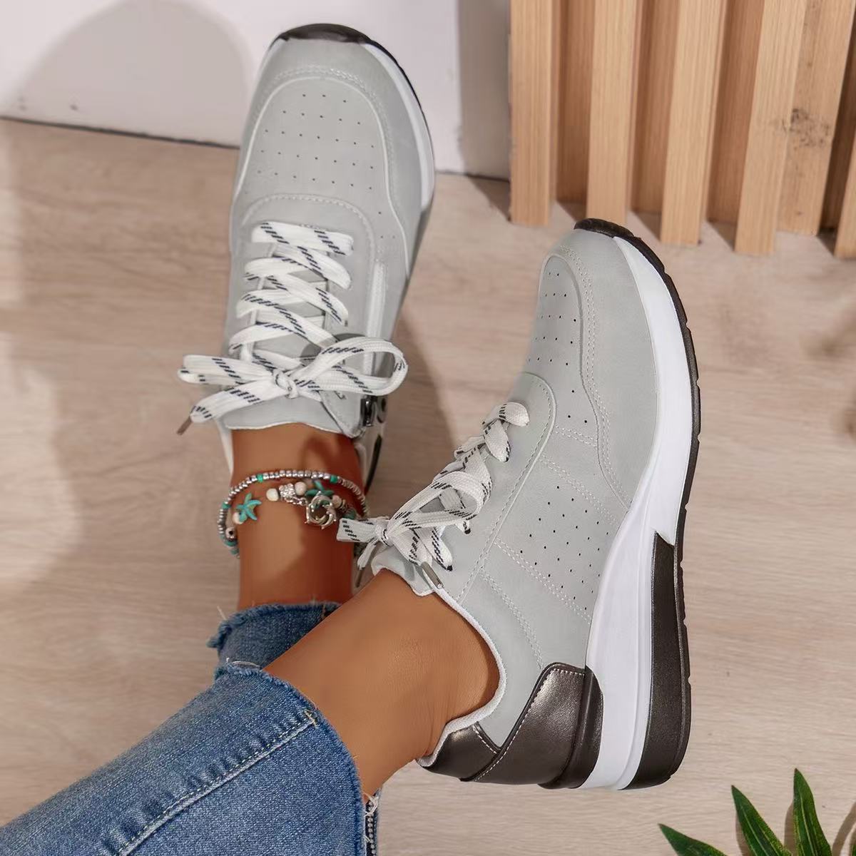Sneakersy Damskie Z Bocznym Zamkiem I Koturnową Podeszwą