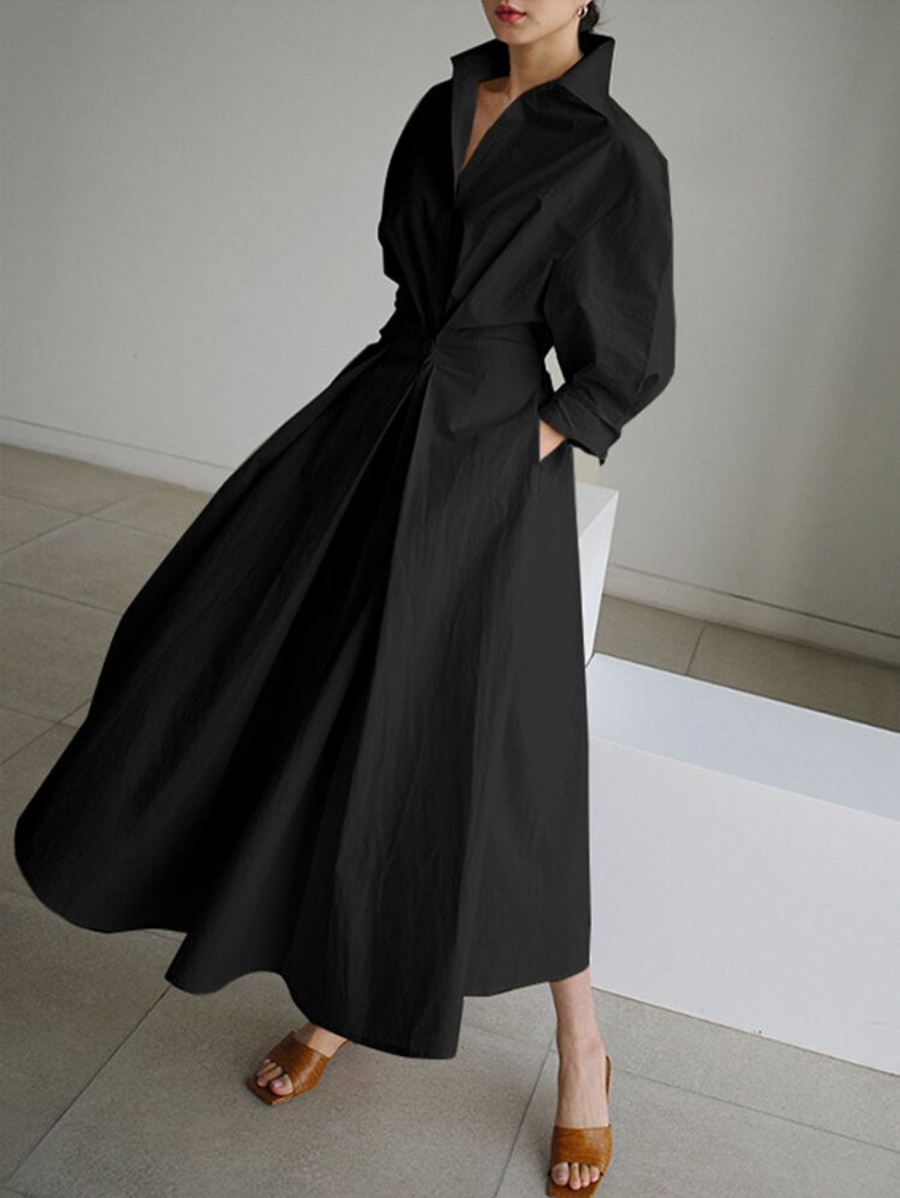 Sukienka Maxi Damska Koszulowa Z Kołnierzykiem I Długimi Rękawami