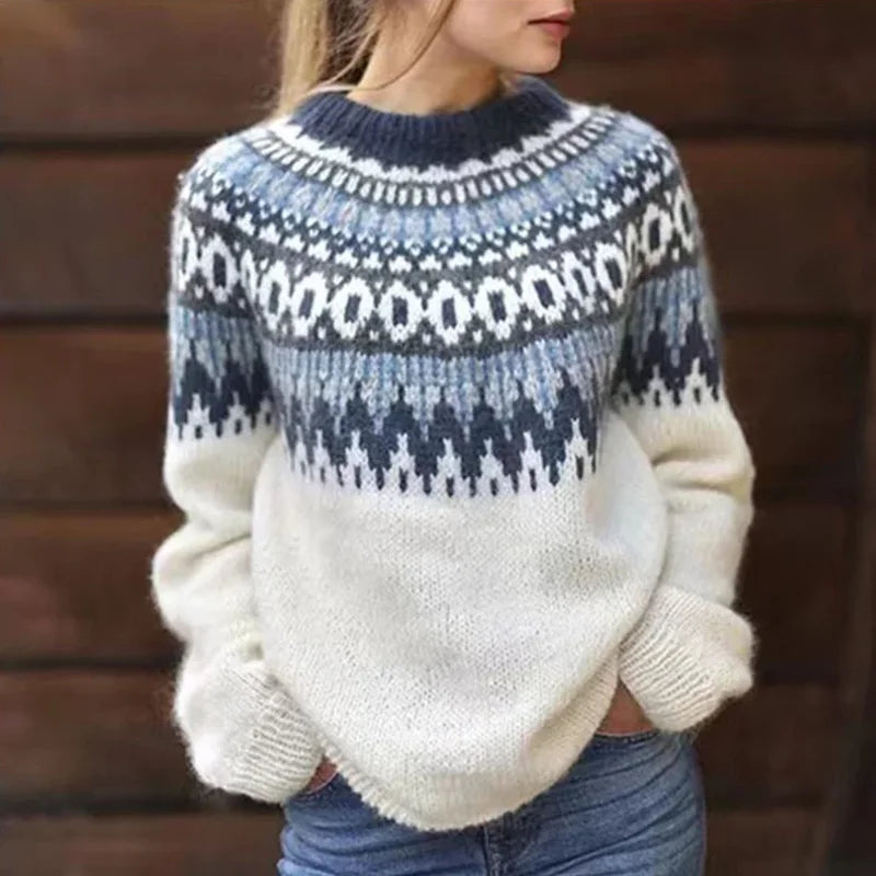 Sweter Damski Z Okrągłym Dekoltem I Geometrycznym Wzorem