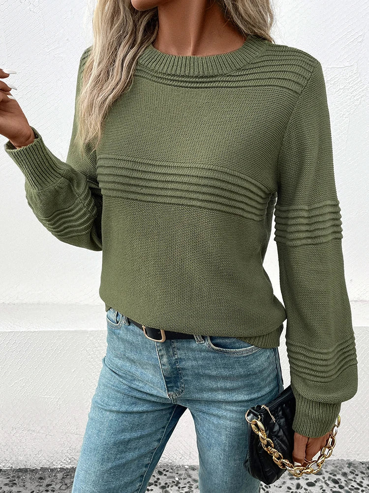 Sweter Damski z Okrągłym Dekoltem i Prążkowanymi Pasami