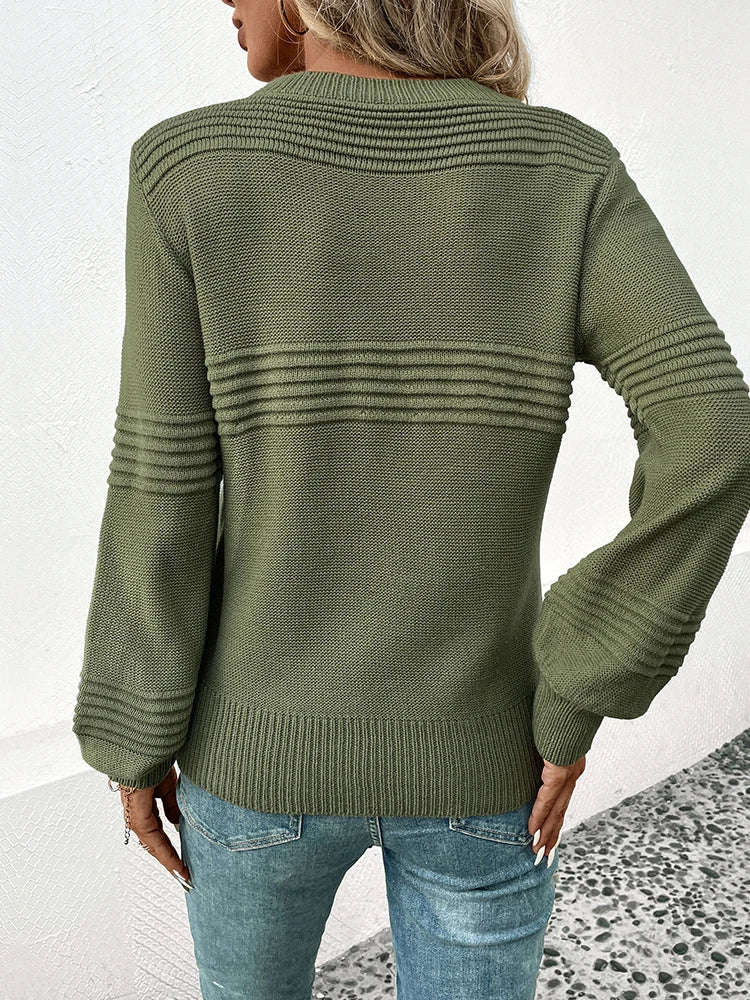 Sweter Damski z Okrągłym Dekoltem i Prążkowanymi Pasami