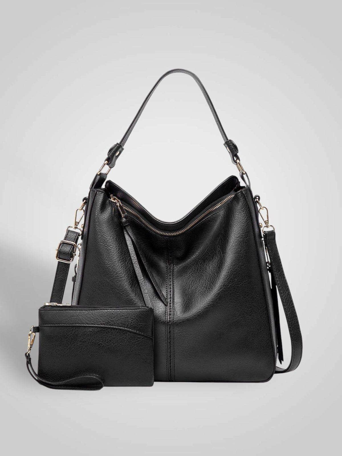 Widok z przodu z uchwytem górnym, ramiączkiem crossbody, górnym zamkiem i saszetką, kolor czarny