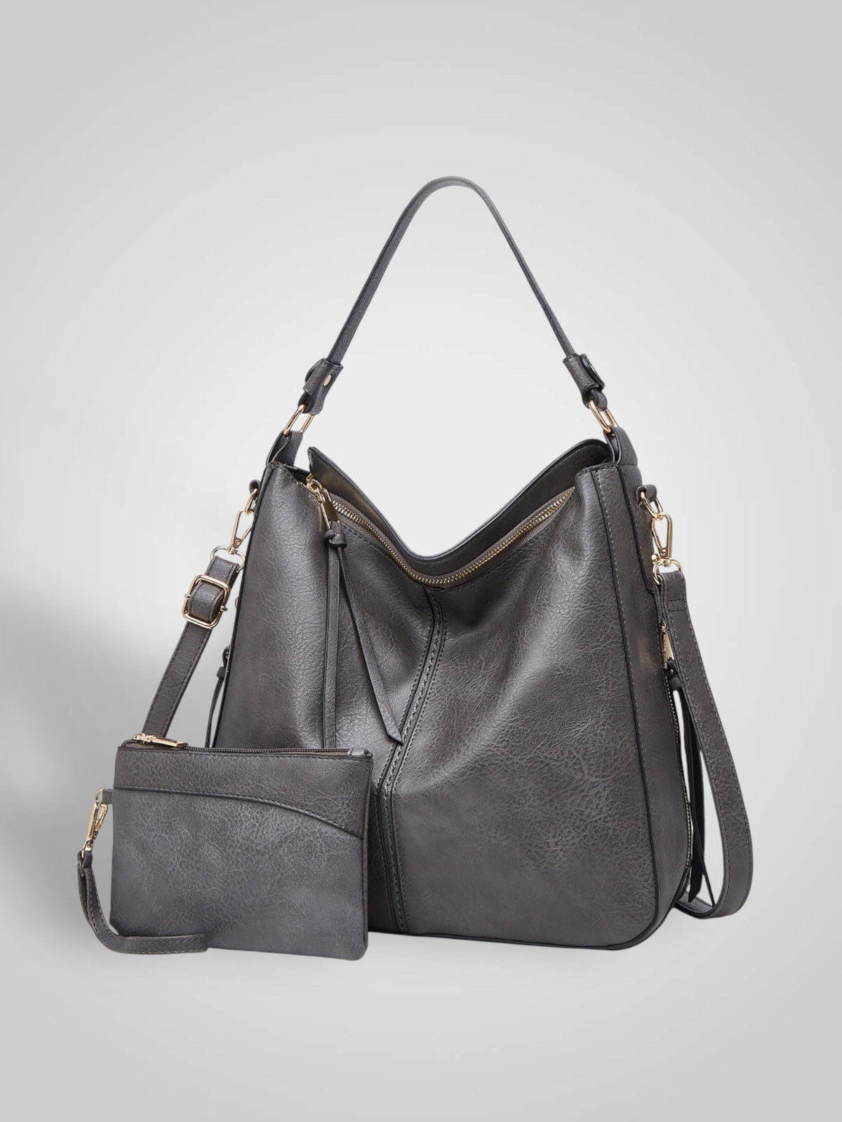 Widok z przodu z uchwytem górnym, ramiączkiem crossbody, górnym zamkiem i saszetką, kolor szary