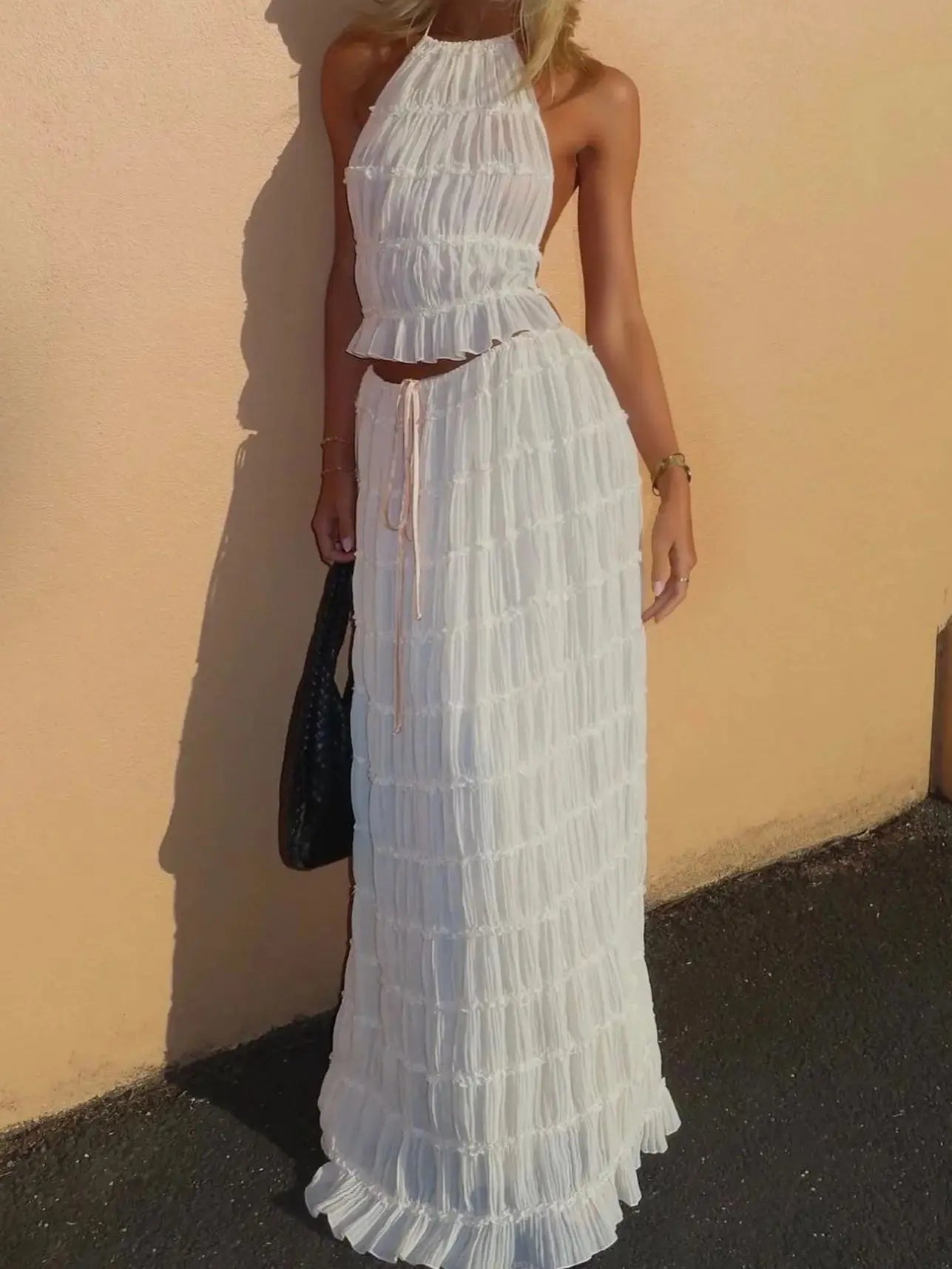 Zestaw Damski Z Topem Wiązanym Na Szyi I Długą Spódnicą